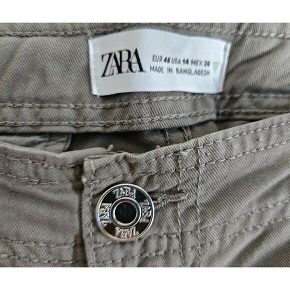 ZARA Women's 14 Cargo Pants Khaki Green Straight 6 Pockets High Waist Cotton 36 - Picture 3 of 7